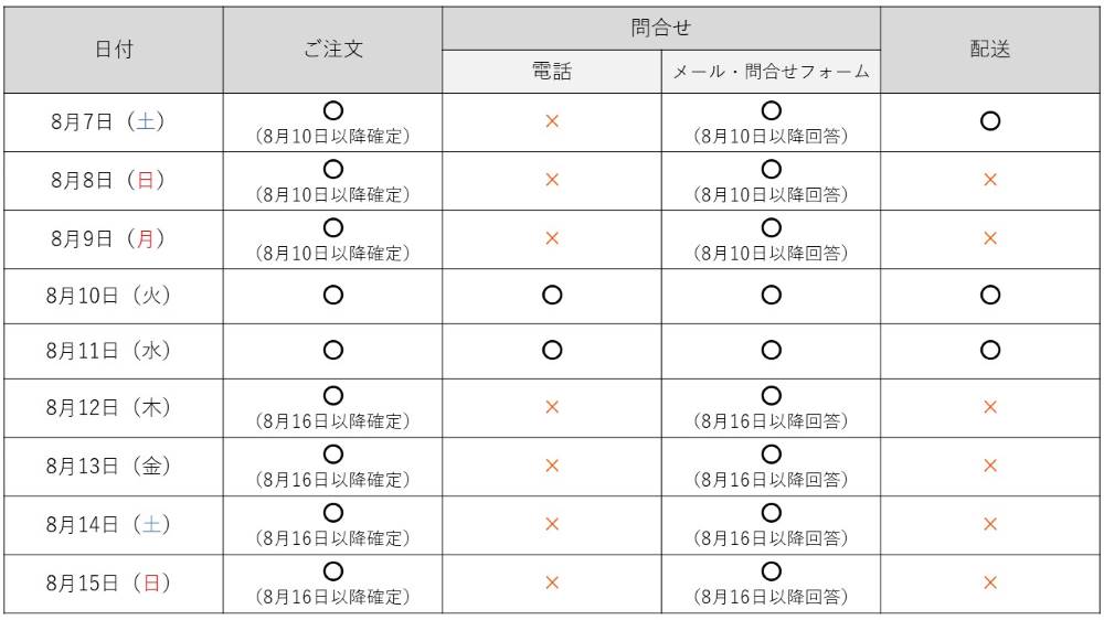 夏季休業期間のご案内